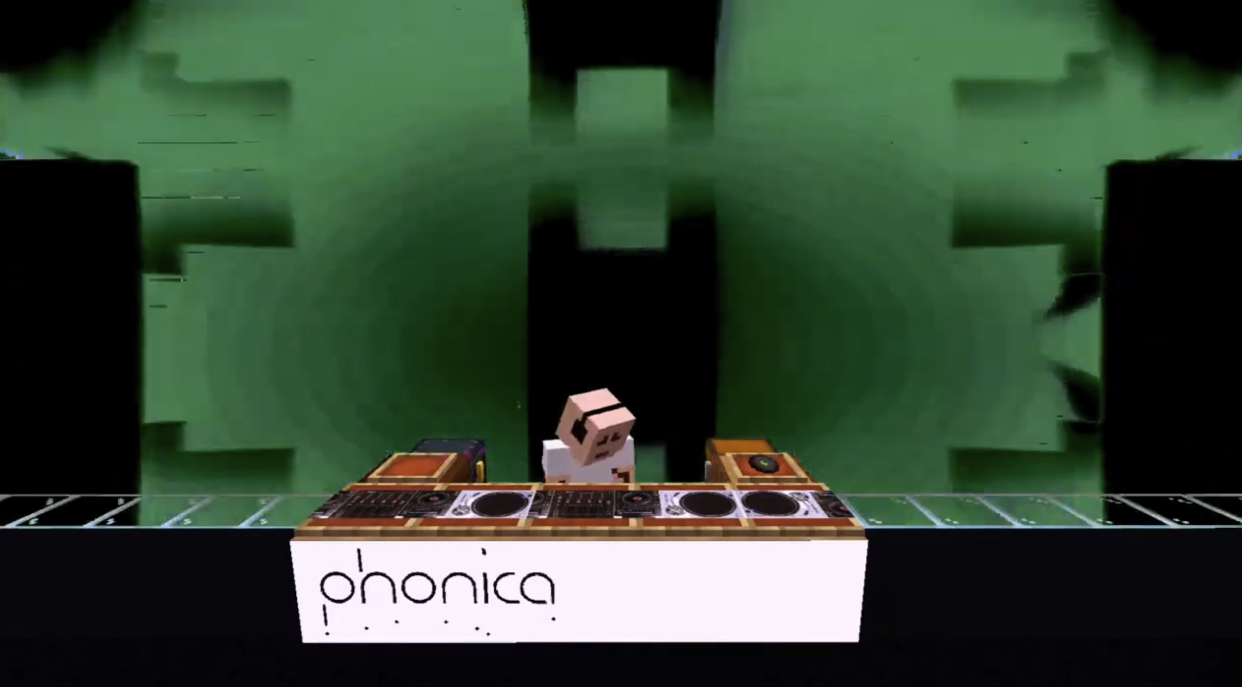 Anthony Parasole performing behind DJ setup in Minecraft